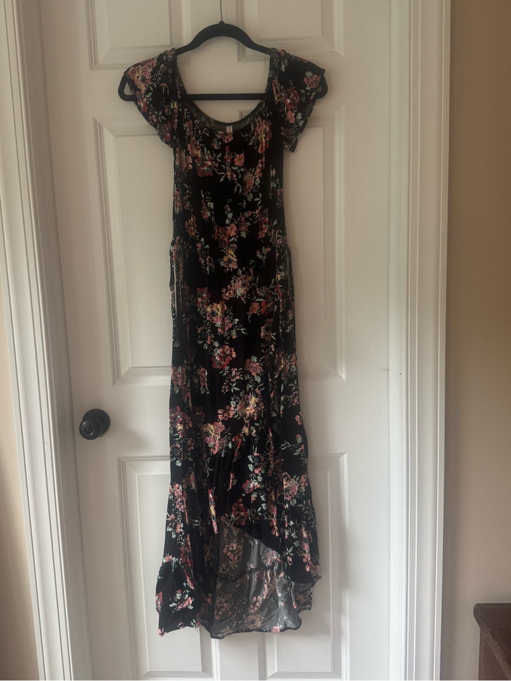 Xhilaration Black Floral High-Low Maxi Dress with Pink and Cream Blooms